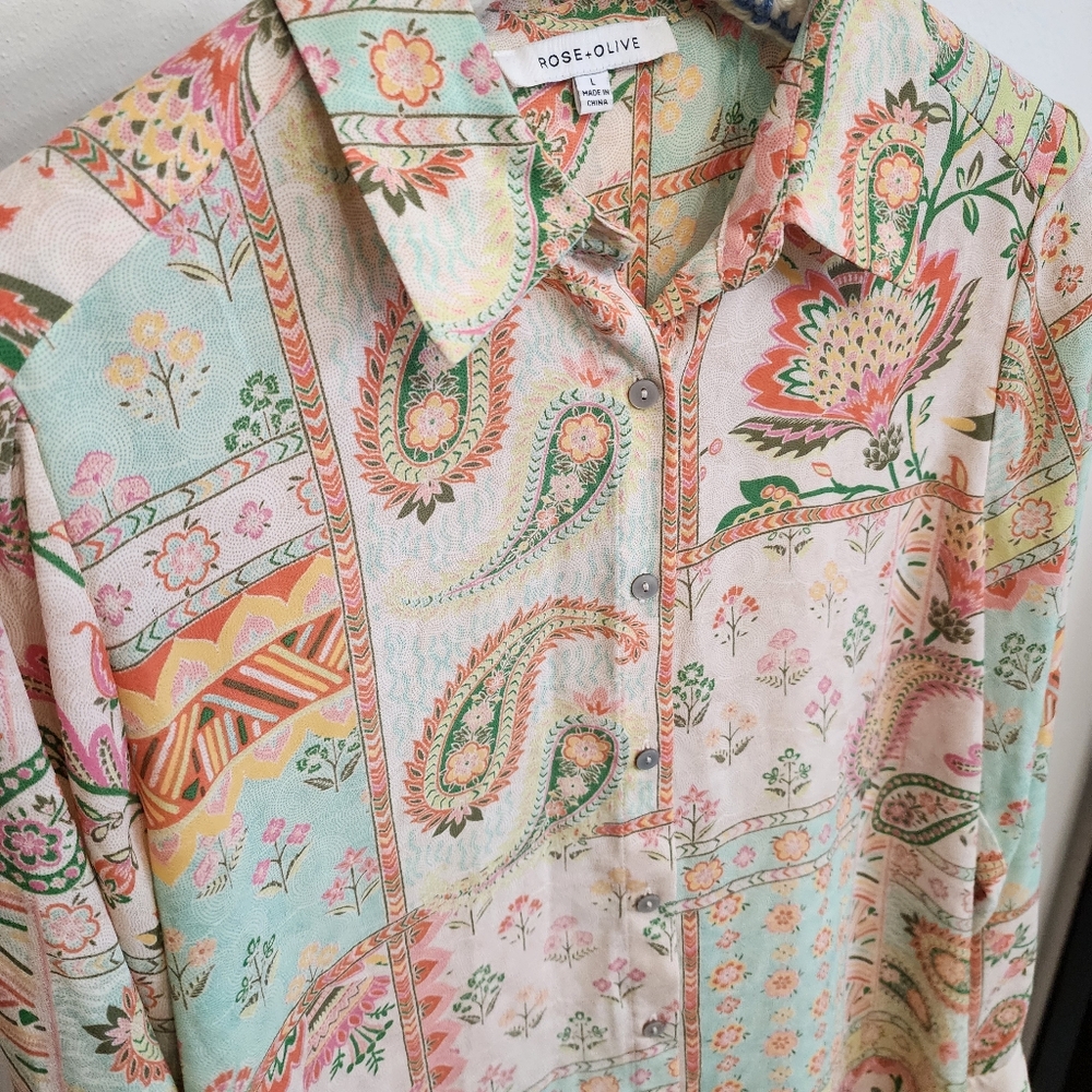 Rose + Olive Paisley Patchwork Button-Down Blouse… - image 1